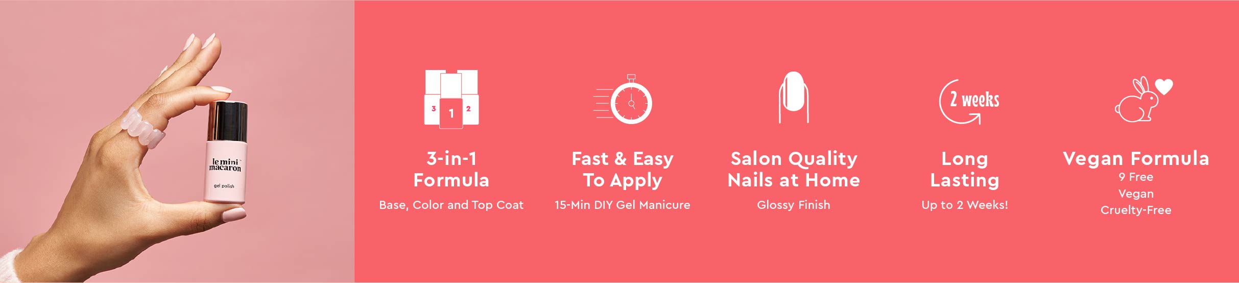 3-in-2 formula : base ,color & top coat benefits, perfect gel manicure